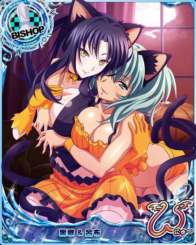 2girls animal_ears artist_request black_hair breasts card_(medium) cat_ears cat_tail character_name chess_piece green_eyes green_hair halloween high_school_dxd high_school_dxd_new ikkitousen ikkitousen_great_guardians kuroka_(high_school_dxd) large_breasts midriff multiple_girls multiple_tails official_art one_eye_closed orange_gloves ryofu_housen tail thigh-highs trading_card twintails wristband yellow_eyes