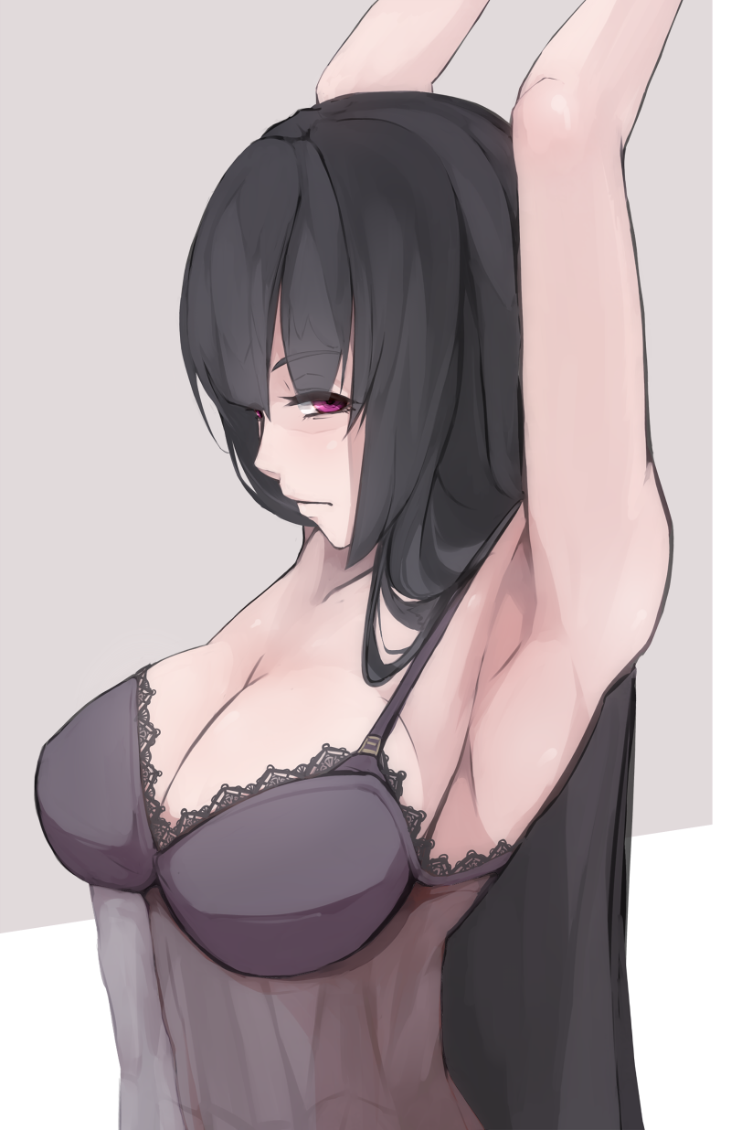 1girl armpits arms_up black_hair breasts cleavage expressionless from_side grey_background half-closed_eyes highres houraisan_kaguya lace_trim large_breasts lingerie long_hair looking_at_viewer negligee poini_(king-scarlet-dead) solo touhou two-tone_background underwear upper_body very_long_hair violet_eyes white_background
