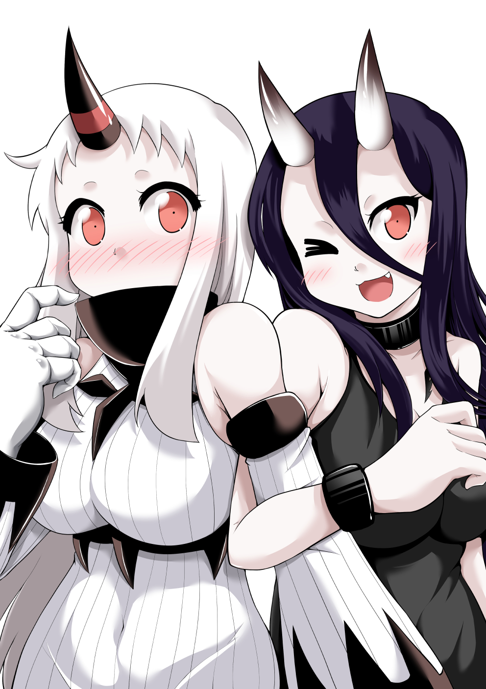 2girls :3 bare_shoulders battleship_hime black_dress black_hair blush breasts commentary detached_sleeves dress fang highres horn horns kantai_collection large_breasts long_hair multiple_girls nose_blush one_eye_closed oni_horns red_eyes seaport_hime shinkaisei-kan sleeveless sleeveless_dress white_hair yamato_nadeshiko