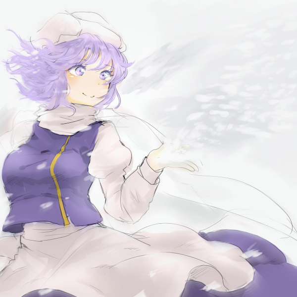 1girl apron blush honi juliet_sleeves lavender_eyes lavender_hair letty_whiterock long_sleeves puffy_sleeves purple_skirt scarf skirt smile snow snowing snowstorm solo touhou triangular_headpiece vest waist_apron wind wind_lift