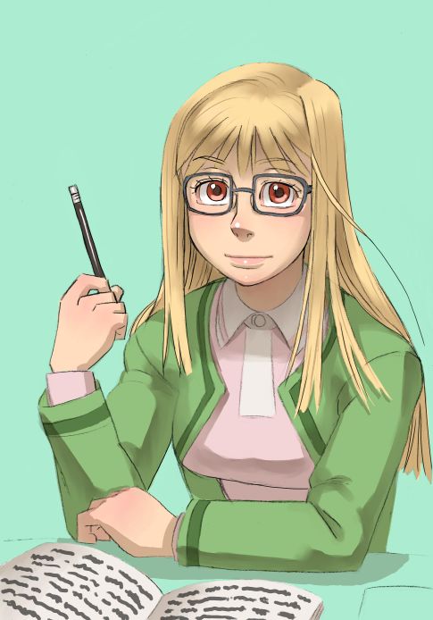 1girl blonde_hair book glasses green_shirt higurashi_no_naku_koro_ni light_smile long_hair looking_at_viewer pencil red_eyes shirt sitting solo takano_miyo zenkou