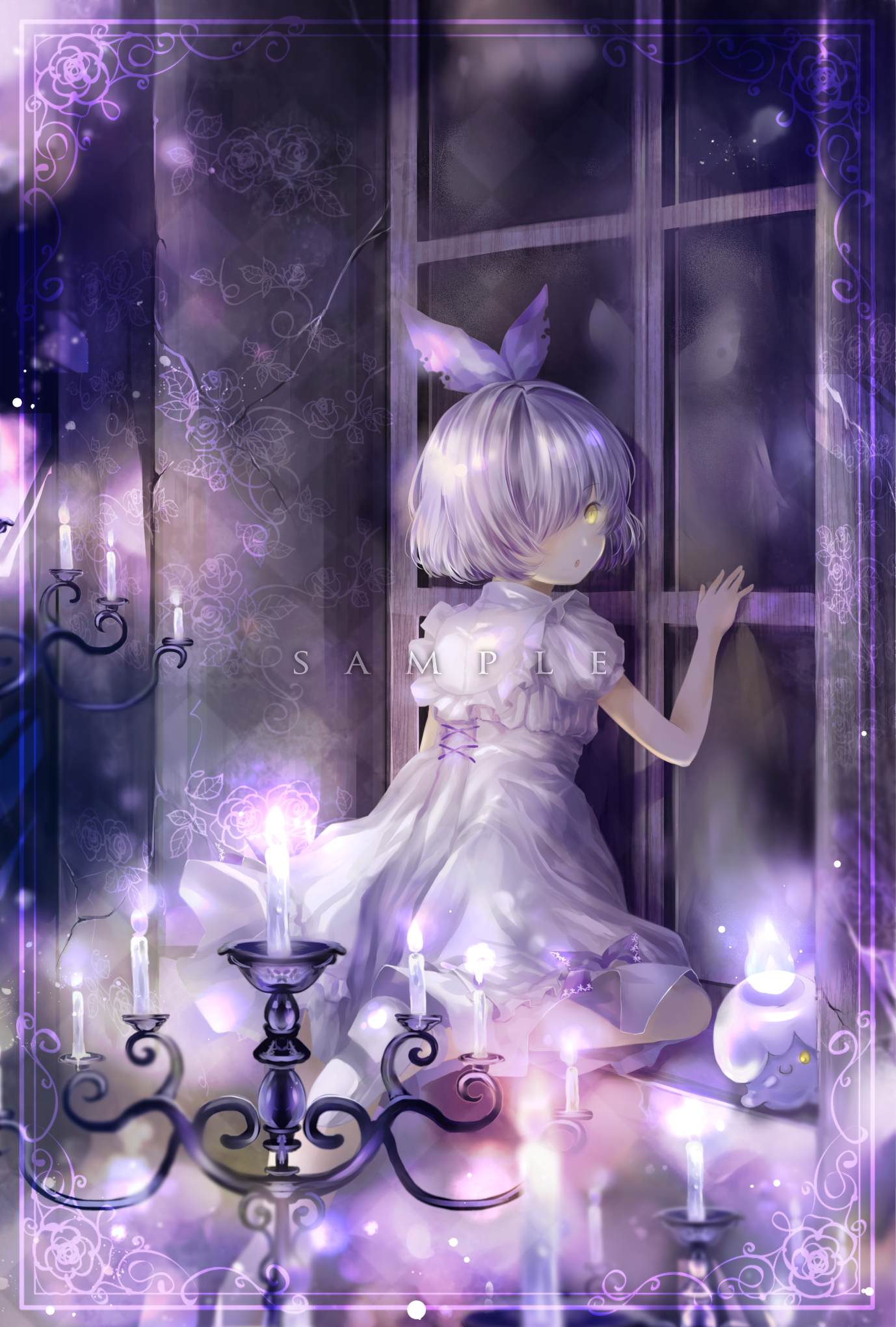 1girl bow candle candlestand child dress hair_bow highres litwick looking_back mio_(pixiv6572033) one_eye_covered personification pokemon purple purple_bow purple_hair reflection sample short_hair solo window yellow_eyes