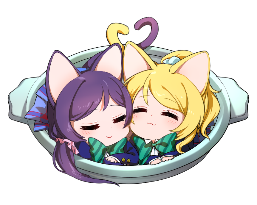 :3 animal_ears ayase_eli bangs blazer blonde_hair blush bow bowtie cat_ears cat_tail chibi closed_eyes hair_scrunchie head_to_head heart_tail_duo in_container long_hair long_sleeves love_live!_school_idol_project neko_nabe ng_(kimjae737) plaid plaid_skirt ponytail purple_hair school_uniform scrunchie simple_background skirt sleeping smile striped striped_bow striped_bowtie swept_bangs tail toujou_nozomi twintails white_background
