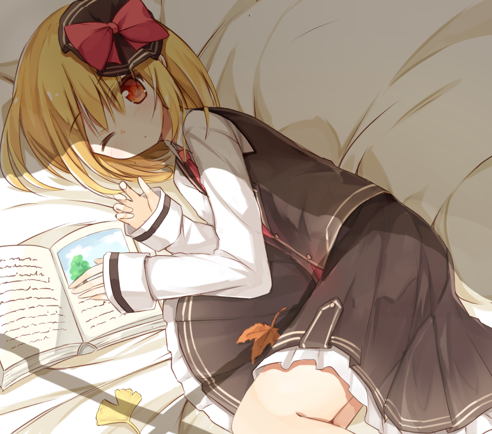 1girl blonde_hair book ginkgo_leaf hair_ribbon leaf long_sleeves looking_at_viewer lying on_side one_eye_closed open_book red_eyes ribbon rumia shirt skirt skirt_set solo touhou vest yuuhagi_(amaretto-no-natsu)