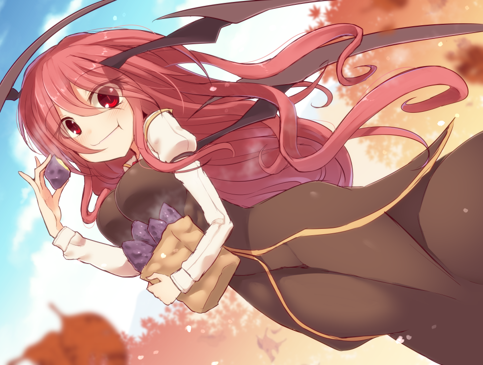 1girl bag blue_sky blurry blush clouds demon_girl demon_wings depth_of_field dutch_angle eating food head_wings juliet_sleeves koakuma kuresento leaf long_hair long_sleeves looking_at_viewer puffy_sleeves red_eyes redhead shirt shopping_bag skirt skirt_set sky solo sweet_potato touhou very_long_hair vest wings