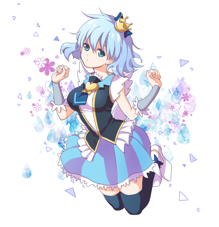 1girl black_legwear blue_eyes blue_hair blue_skirt cm crown cure_princess cure_princess_(cosplay) detached_sleeves frills genderswap happinesscharge_precure! heart jumping kuroko_no_basuke kuroko_tetsuya looking_at_viewer mini_crown precure short_hair skirt solo thigh-highs