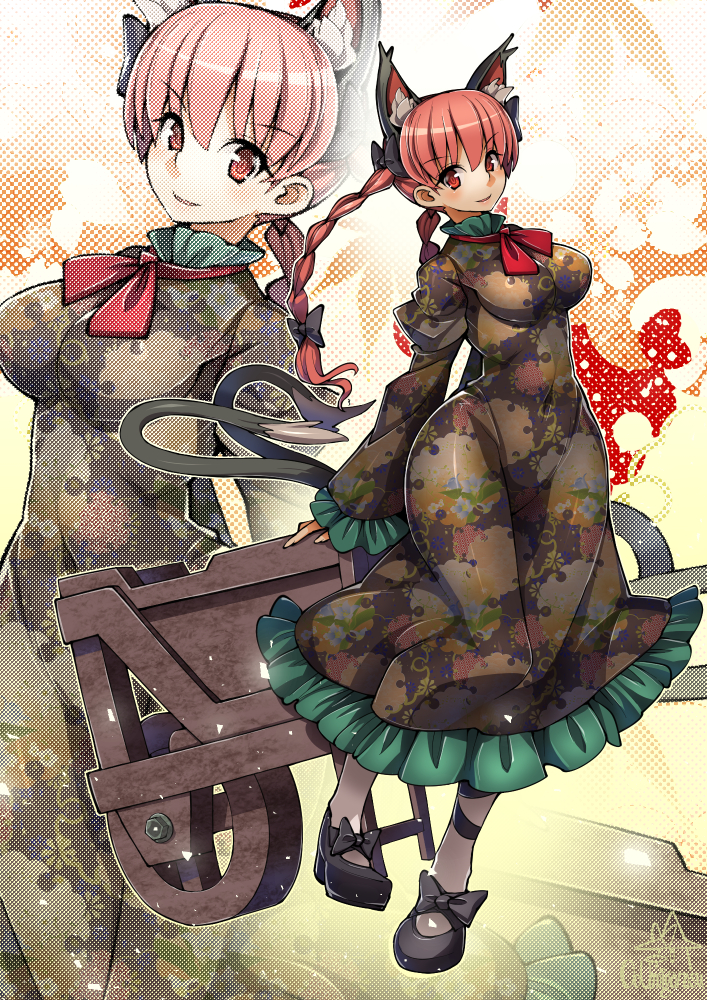 1girl animal_ears braid breasts cat_ears cat_tail dress floral_print frilled_dress frills green_dress halftone halftone_background juliet_sleeves kaenbyou_rin large_breasts long_hair long_sleeves looking_at_viewer multiple_tails puffy_sleeves red_eyes redhead smile solo tail touhou twin_braids umigarasu_(kitsune1963) very_long_hair wheelbarrow