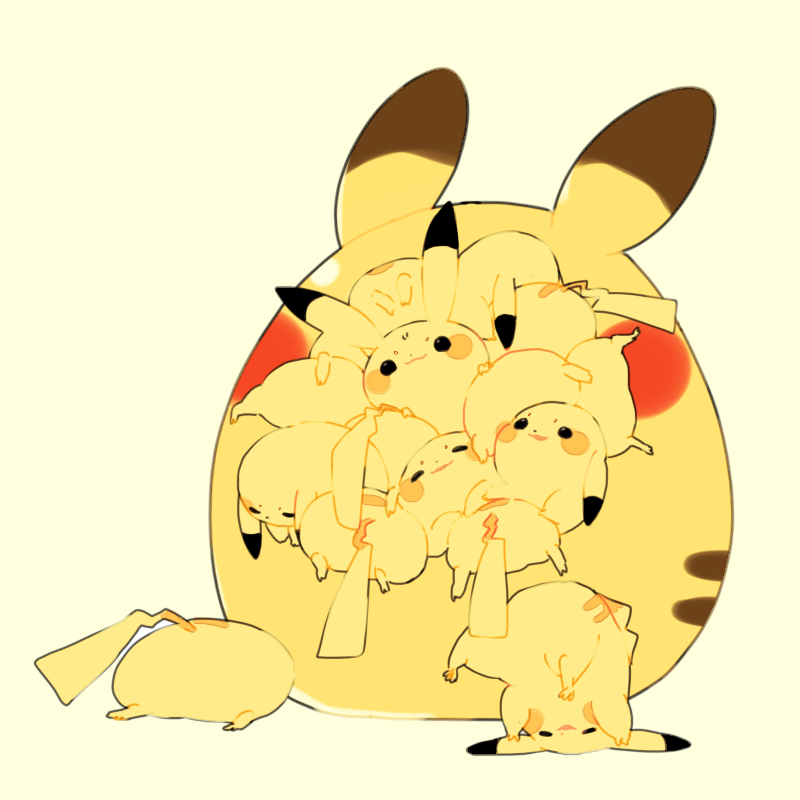 :3 :d blush_stickers headstand looking_at_viewer looking_down looking_up lying mm_(miryii) no_humans on_stomach open_mouth pikachu pokemon pokemon_(creature) simple_background smile smirk stuck too_many upside-down yellow yellow_background