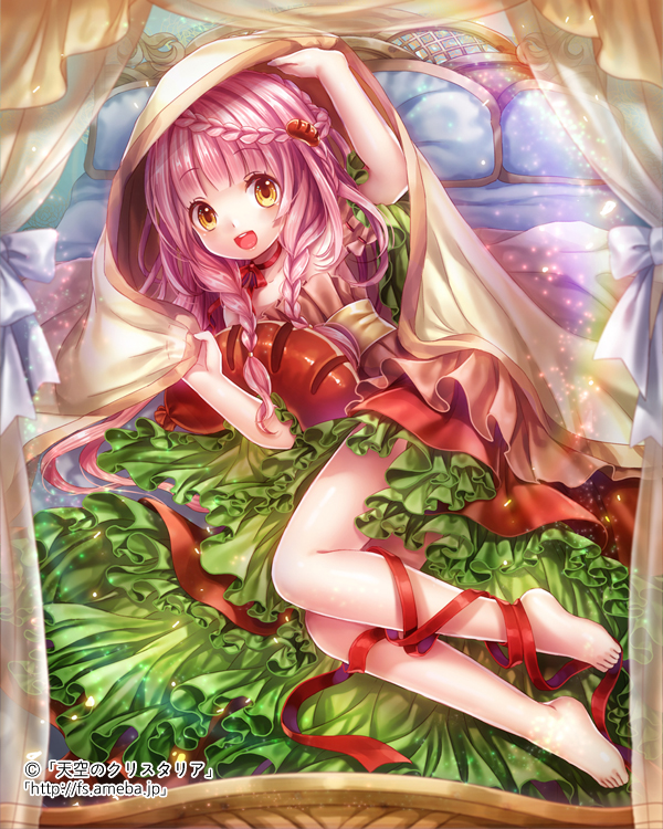 1girl :d bangs barefoot bed blanket blush bow braid choker copyright_name curtains dress frilled_dress frills full_body hair_ornament hairclip hobak holding indoors leg_ribbon long_hair looking_at_viewer lying official_art on_bed on_side open_mouth pillow pink_hair rainbow red_ribbon ribbon ribbon-trimmed_sleeves ribbon_trim sausage smile solo sunlight teeth tenkuu_no_crystalia transparent watermark web_address white_bow yellow_eyes