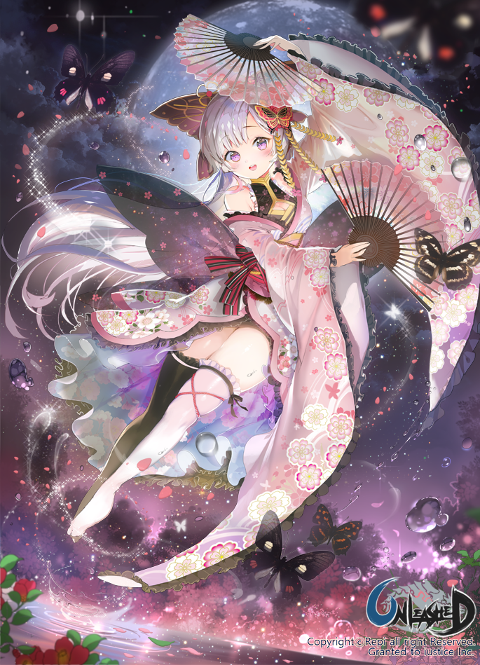 1girl :d animal black_legwear blush breasts butterfly butterfly_hair_ornament cleavage cleavage_cutout copyright_name detached_sleeves fan floral_print folding_fan frills full_body full_moon hair_ornament insect japanese_clothes jumping kimono long_hair long_sleeves looking_at_viewer mismatched_legwear moon open_mouth repi987 sash see-through short_kimono silver_hair smile solo sparkle splashing thigh-highs unleashed very_long_hair violet_eyes water water_droplets water_surface white_legwear wide_sleeves zettai_ryouiki