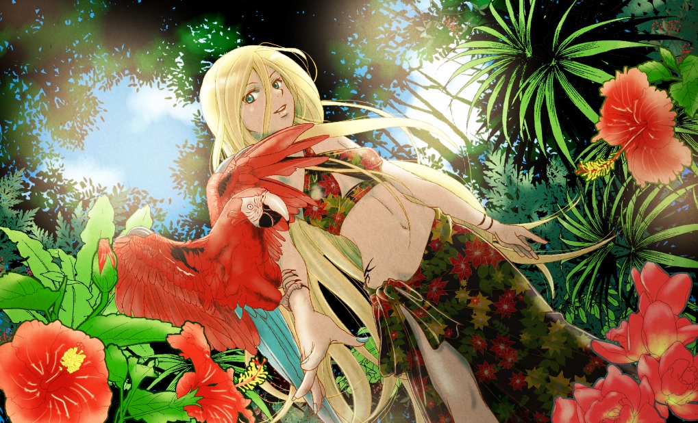 1girl alternate_costume animal bird bird_on_arm blonde_hair blue_eyes blue_sky breasts dutch_angle floral_print flower hair_between_eyes hibiscus lily_(vocaloid) long_hair midriff outdoors palm_tree paraiso parrot red_eyes side-tie_skirt sky sleeveless solo tattoo thigh-highs tree tropical very_long_hair vocaloid