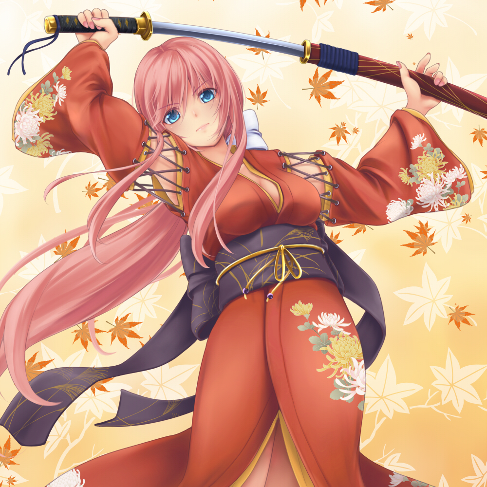 1girl alternate_costume alternate_hairstyle autumn_leaves bangs bit_(keikou_syrup) blue_eyes bow breasts cleavage closed_mouth cowboy_shot floral_print hair_bow holding_sword holding_weapon japanese_clothes kimono lipstick long_hair looking_at_viewer low_ponytail makeup megurine_luka nail_polish obi pink_hair pink_nails print_kimono sash sheath solo sword unsheathing vocaloid weapon white_bow
