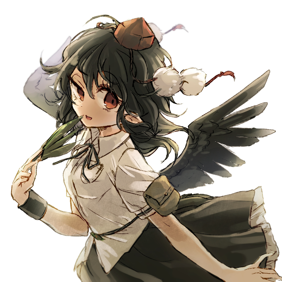 1girl bird_wings black_hair black_wings fan hat hat_ribbon hisona_(suaritesumi) looking_at_viewer pom_pom_(clothes) ribbon shameimaru_aya shirt skirt solo tokin_hat touhou wings