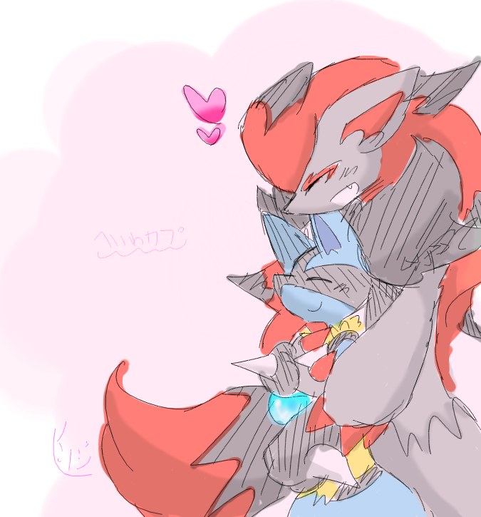 heart hitsuji_(sinjubara) hug hug_from_behind lucario no_humans pokemon pokemon_(creature) spikes zoroark