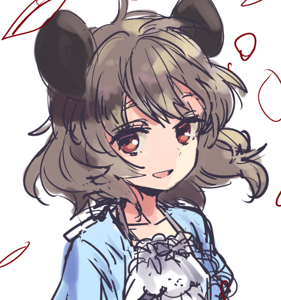 1girl alternate_costume animal_ears brown_eyes face grey_hair looking_at_viewer mouse_ears nazrin open_mouth smile solo tomobe_kinuko touhou upper_body