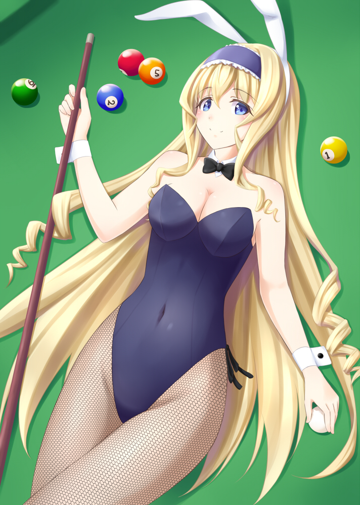 1girl animal_ears aoi_usagi ball billiards bowtie bunny_tail bunnysuit cecilia_alcott cue_ball cue_stick detached_collar fishnet_pantyhose fishnets infinite_stratos long_hair lying pantyhose rabbit_ears solo tail very_long_hair wrist_cuffs