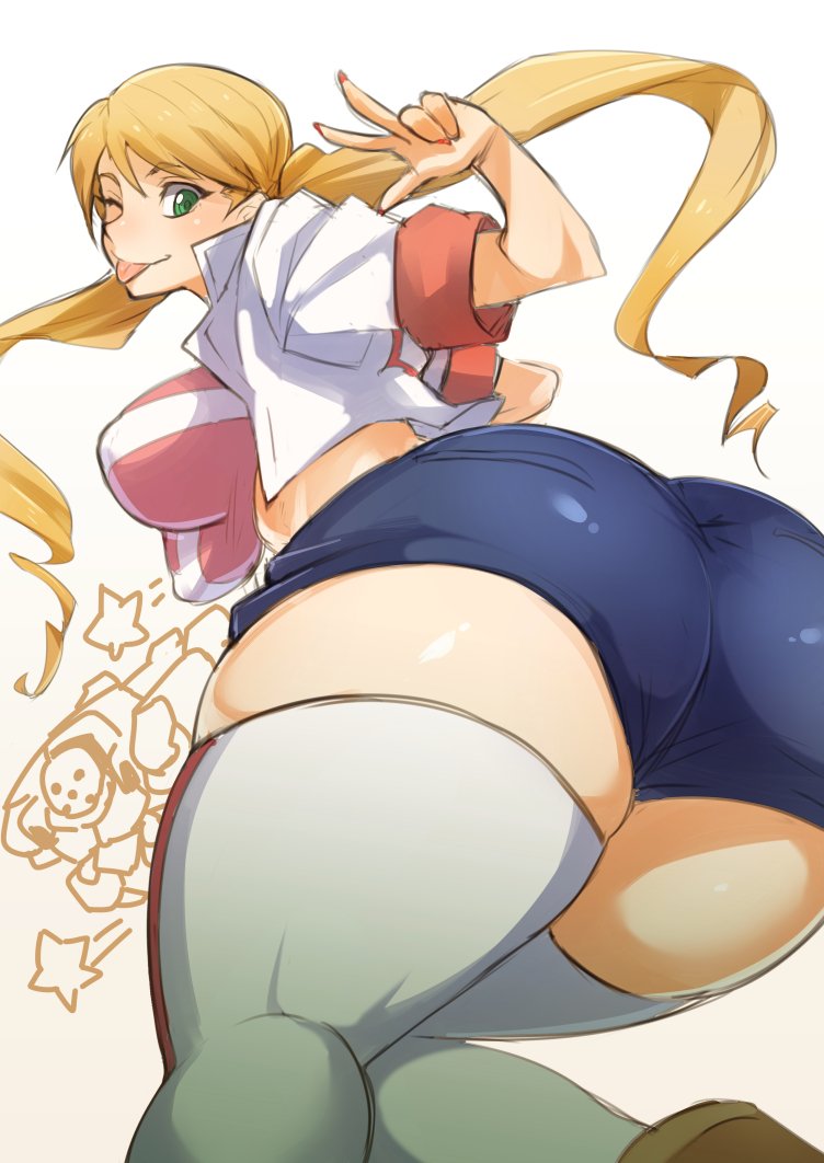 1girl :p ass bouncing_breasts breasts character_request green_eyes gundam gundam_tekketsu_no_orphans lafter_frankland large_breasts looking_at_viewer nuezou one_eye_closed short_hair short_shorts shorts simple_background solo thick_thighs thighs tongue tongue_out white_background white_legwear
