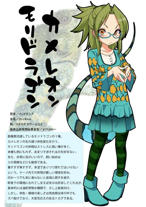 1girl character_profile full_body gujira lizard pantyhose personification solo tail translation_request