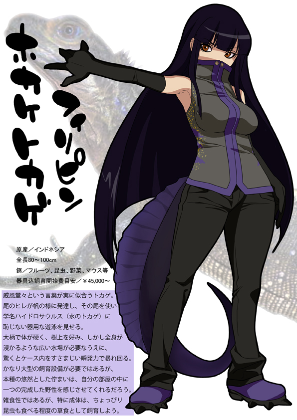 1girl character_profile full_body gujira lizard personification solo tail translation_request