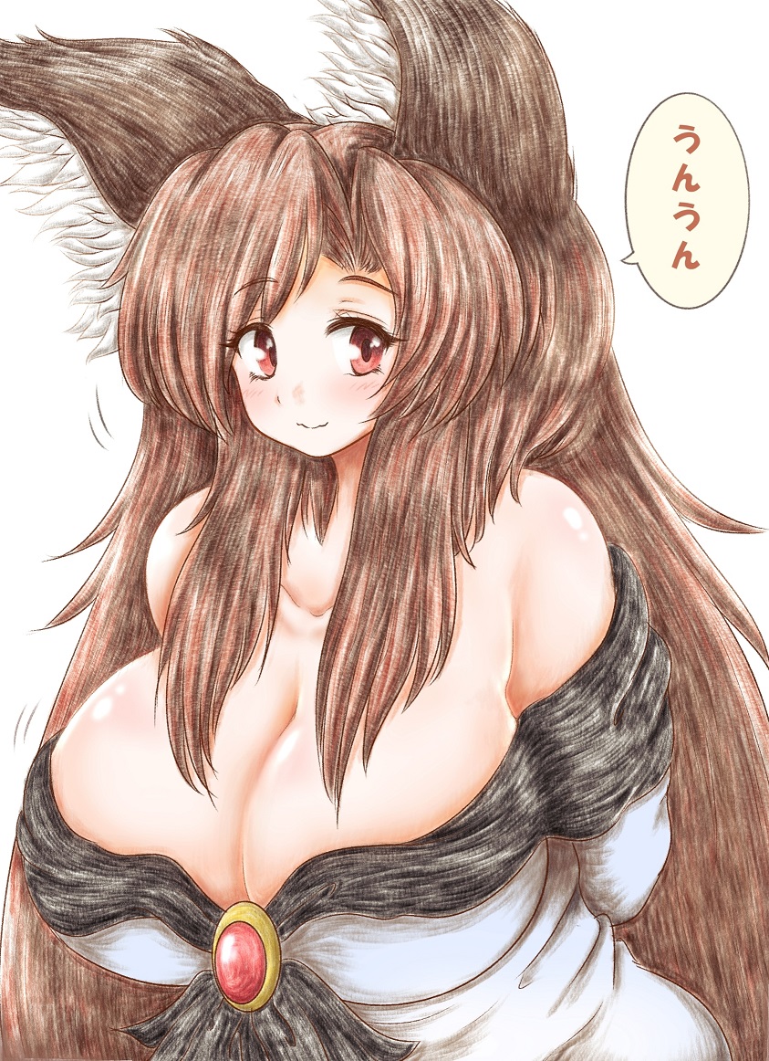 1girl animal_ears big_hair blush breasts brooch brown_hair cleavage collarbone dress huge_breasts imaizumi_kagerou jewelry looking_at_viewer off_shoulder red_eyes simple_background solo speech_bubble touhou traditional_media translation_request wavy_mouth white_background wolf_ears ziogon
