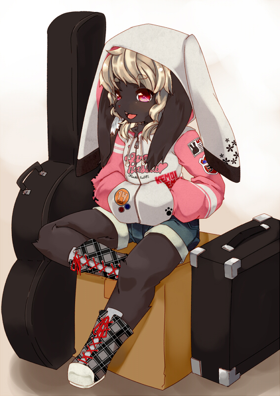 1girl animal_ears animal_hood azuki_akizuki box furry guitar_case hands_in_sleeves hood instrument_case open_mouth pink_eyes sitting smile solo