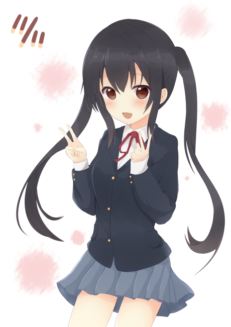 1girl black_hair brown_eyes k-on! long_hair makina_yuu nakano_azusa pocky_day school_uniform twintails v