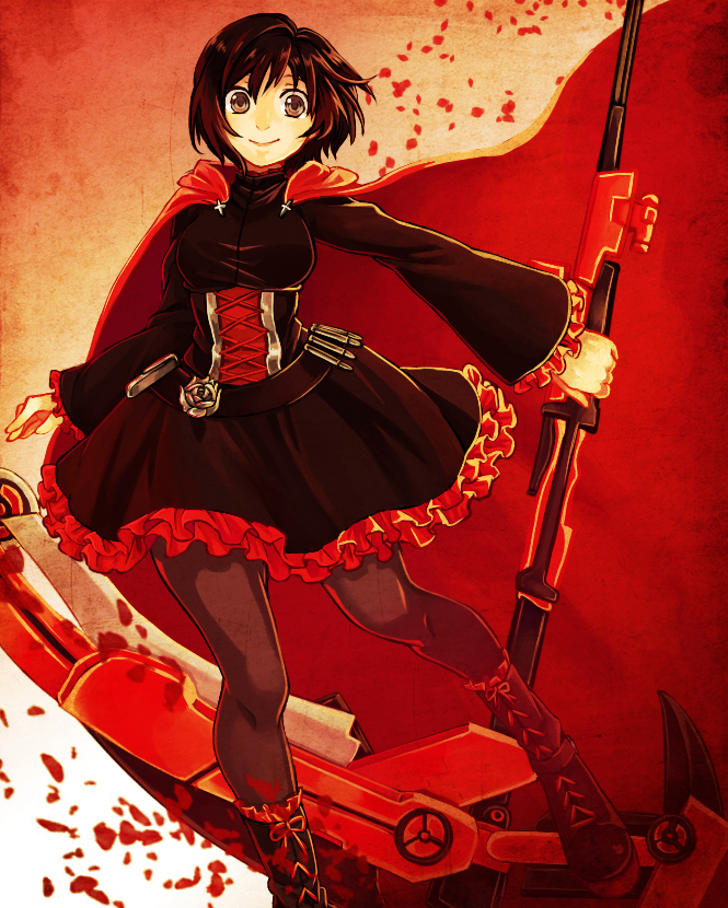 1girl artist_request belt black_boots black_dress black_hair black_legwear boots bullet corset cross cross-laced_footwear dress frilled_dress frills grey_eyes hooded_cloak knee_boots lace-up_boots lolita_fashion long_sleeves pantyhose petals red_cape rose_petals ruby_rose rwby scythe short_hair smile solo