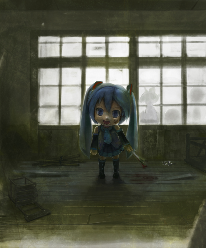 1girl aqua_eyes aqua_hair bangs creepy empty_eyes hatsune_miku looking_at_viewer mikudayoo open_mouth photo_reference school_uniform solo spring_onion twintails vocaloid walkalone