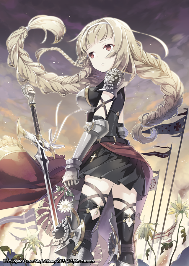 1girl bangs black_skirt blonde_hair blunt_bangs bodysuit boots breastplate clouds cloudy_sky copyright_name cross daisy expressionless flag flower gaunlets h2so4 hairband holding holding_flower long_hair long_skirt looking_to_the_side outdoors qurare_magic_library red_eyes red_skirt shoulder_pads skin_tight skirt sky solo standing sword thigh-highs thigh_boots twintails very_long_hair weapon withered zettai_ryouiki