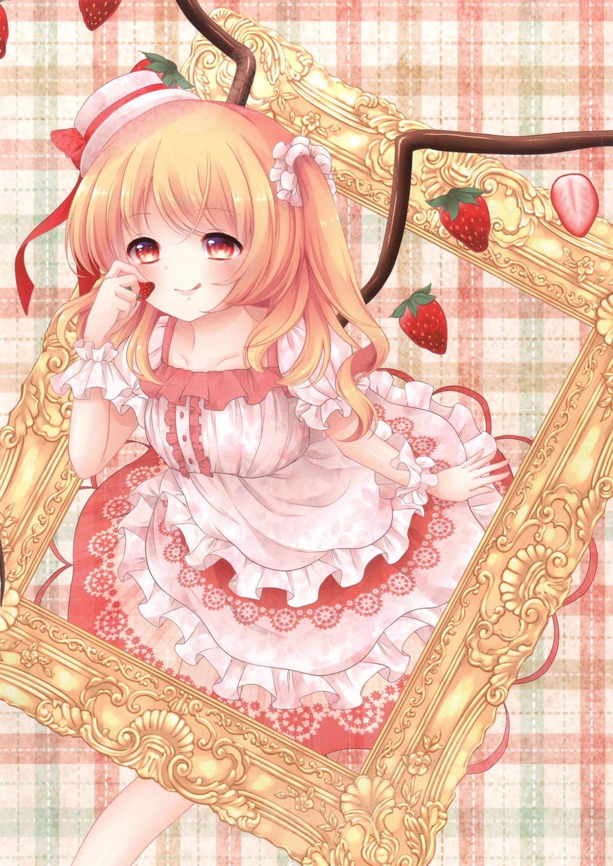 1girl alternate_costume alternate_headwear blonde_hair blush dress flandre_scarlet food frame fruit hair_ornament hat hat_ribbon highres layered_dress long_hair mumu-crown plaid plaid_background puffy_sleeves red_eyes ribbon scan short_sleeves side_ponytail smile solo strawberry tongue tongue_out touhou wings wrist_cuffs