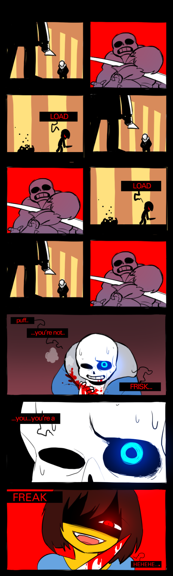 1boy androgynous blood bloody_knife bloody_weapon comic dark_persona english evil_smile frisk_(undertale) gameplay_mechanics glowing glowing_eye highres hoodie knife knocker12 recurring_image red_eyes sans shaded_face skeleton smile spoilers tagme undertale weapon