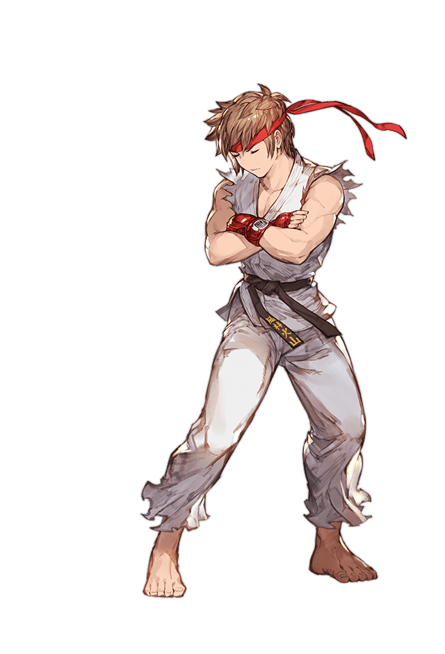 1boy 3: 3:&lt; bare_shoulders barefoot brown_hair closed_eyes clothes_writing collarbone cosplay crossed_arms dougi fingerless_gloves fingernails full_body game_cg gloves gran_(granblue_fantasy) granblue_fantasy headband karate_gi male_focus minaba_hideo muscle official_art pants red_gloves ryuu_(street_fighter) ryuu_(street_fighter)_(cosplay) short_hair simple_background solo standing street_fighter toenails torn_clothes transparent_background white_pants