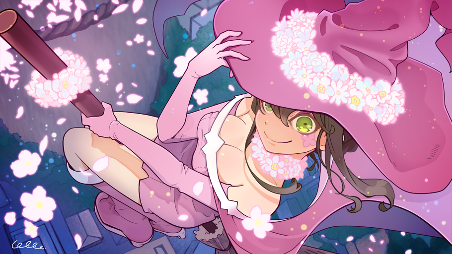 1girl boots breasts broom broom_riding brown_hair cleavage elbow_gloves flower flying from_above gloves green_eyes hat looking_at_viewer looking_up outdoors petals pink_boots pink_gloves pink_hat smile solo ukke v_lila_f witch_hat yozakura_quartet