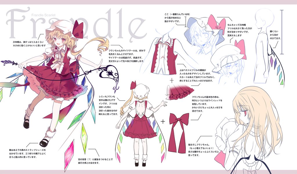 1girl asymmetrical_hair back_cutout blonde_hair character_name character_sheet cierra_(ra-bit) crystal flandre_scarlet from_behind full_body hat hat_ribbon laevatein letterboxed looking_at_viewer mary_janes mob_cap open_mouth outstretched_arms puffy_sleeves red_eyes ribbon shirt shoes short_sleeves side_ponytail skirt skirt_set smile socks text touhou translation_request typo white_background white_legwear wings