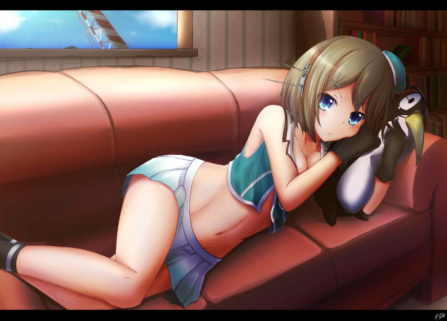 1girl :&lt; bare_shoulders black_gloves black_shoes blue_eyes blue_sky bookshelf breasts brown_hair cleavage collarbone couch crane crop_top gloves hat indoors kantai_collection letterboxed lying maya_(kantai_collection) midriff mini_hat navel on_couch on_side pleated_skirt shoes skirt sky solo stomach stuffed_animal stuffed_penguin stuffed_toy vertical_stripes white_skirt x_hair_ornament 牡蠣