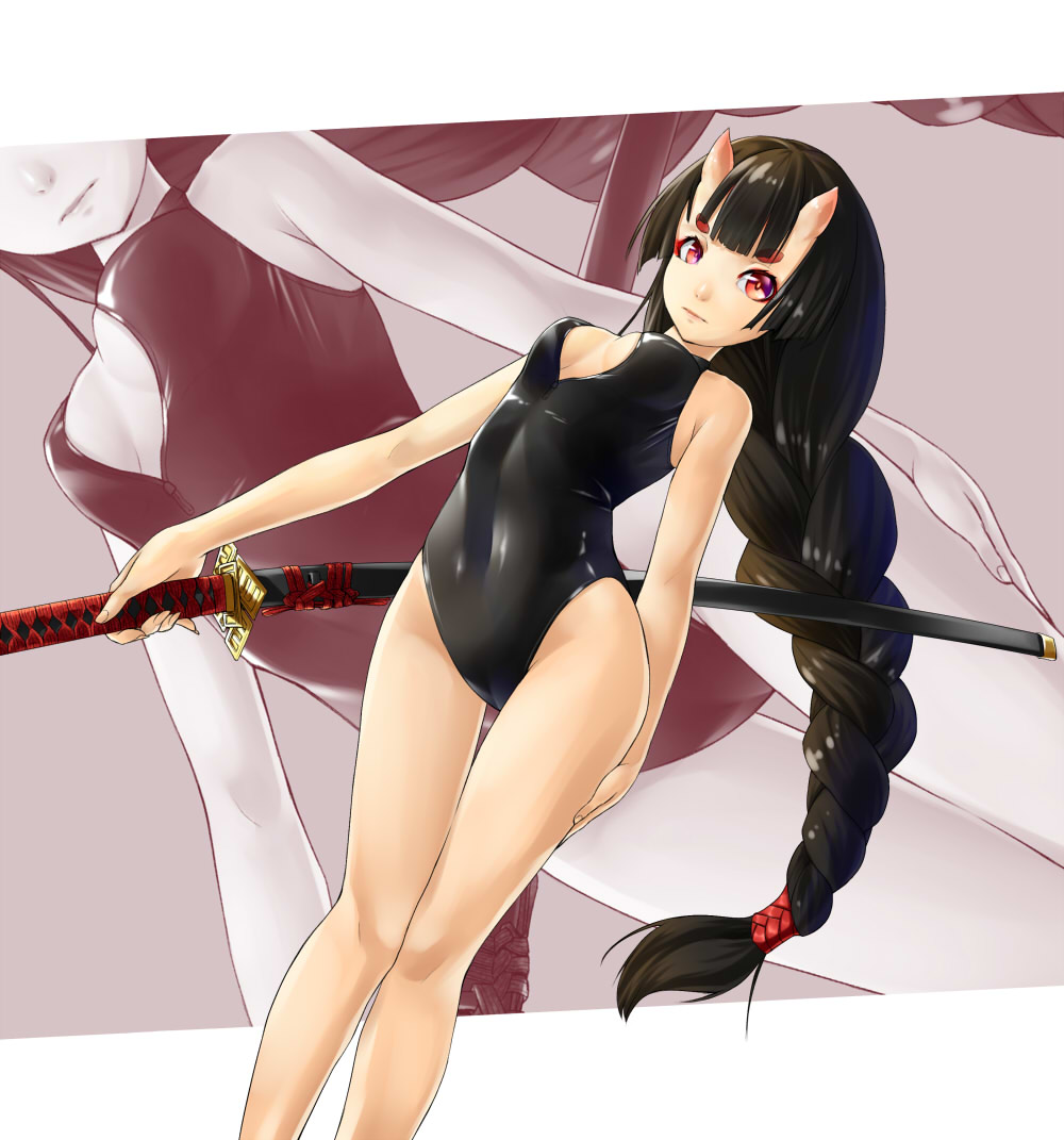 1girl bangs black_hair braid breasts cleavage_cutout covered_navel demon_girl dutch_angle eyeliner from_below front_zipper_swimsuit hand_on_own_thigh hiko_(hiko224556) katana legs long_hair looking_at_viewer makeup one-piece_swimsuit oni_horns original red_eyes short_eyebrows single_braid small_breasts solo swimsuit sword thigh_gap very_long_hair weapon zoom_layer