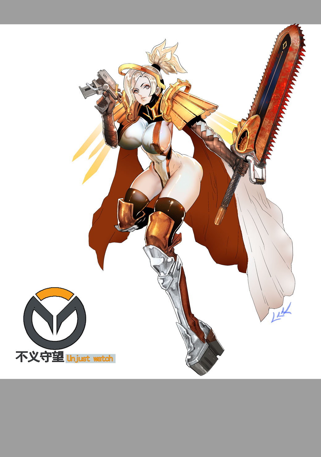 1girl adapted_costume alternate_eye_color alternate_hair_color armor armored_boots bangs bodysuit boots breasts brown_legwear cape covered_navel emblem full_body glowing glowing_wings groin gun hair_ornament hair_tie handgun headgear high_heel_boots high_heels highleg highleg_leotard highres hips holding holding_gun holding_sword holding_weapon impossible_clothes knee_boots knee_pads large_breasts leg_up leotard logo mechanical_halo mercy_(overwatch) overwatch parted_lips pauldrons ponytail shiny shiny_clothes signature skin_tight solo standing standing_on_one_leg sword thigh-highs thighs weapon white_eyes white_hair wings zm