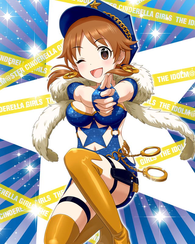 1girl alternate_costume artist_request brown_eyes brown_hair cuffs earrings feather_boa fingerless_gloves gloves handcuffs hat idolmaster idolmaster_cinderella_girls jewelry katagiri_sanae official_art one_eye_closed peaked_cap sparkle thigh-highs twintails