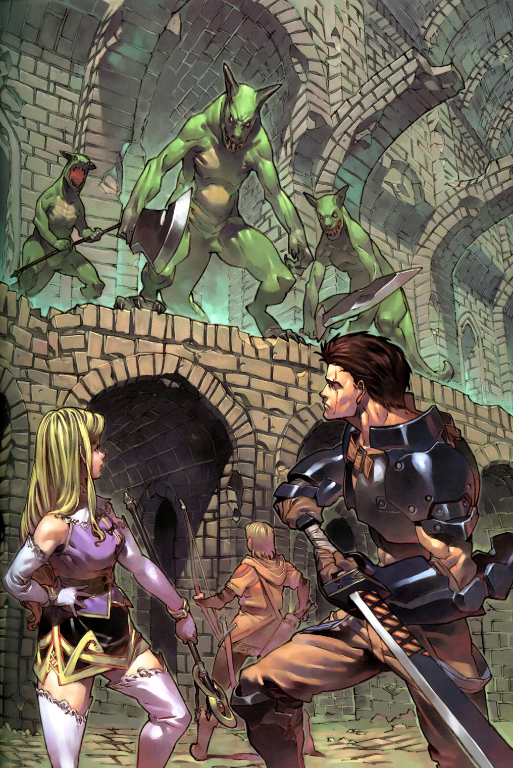 1boy 1girl 2boys armor arngrim blonde_hair bow brown_hair character_request dungeon highres monster multiple_boys mystina official_art quiver scar short_hair sword tagme thigh-highs valkyrie_profile weapon yoshinari_you zettai_ryouiki