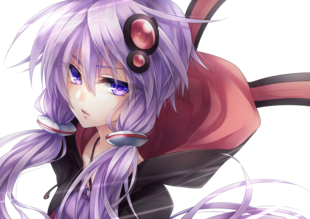 1girl animal_hood bunny_hood expressionless hair_between_eyes hair_ornament hood long_hair low_twintails parted_lips purple_hair purple_shirt shirt simple_background solo twintails ueno_tsuki upper_body very_long_hair violet_eyes vocaloid voiceroid white_background yuzuki_yukari