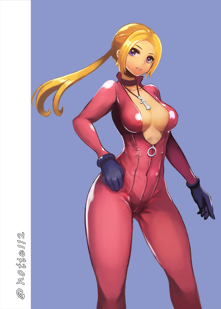 1girl alternate_costume black_gloves blonde_hair blue_eyes bodysuit breasts catsuit choker cleavage cowboy_shot frown gloves hand_on_hip high_collar jewelry long_hair namco necklace nina_williams no_bra notte pendant ponytail solo tekken