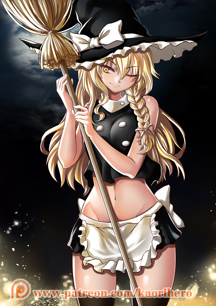 1girl apron bare_arms bare_shoulders black_legwear blonde_hair bow braid broom clouds cloudy_sky hat hat_bow kaori_hero kirisame_marisa long_hair looking_at_viewer midriff miniskirt navel night one_eye_closed shirt single_braid skirt skirt_set sky sleeveless sleeveless_shirt smile thigh-highs touhou waist_apron witch_hat yellow_eyes zettai_ryouiki