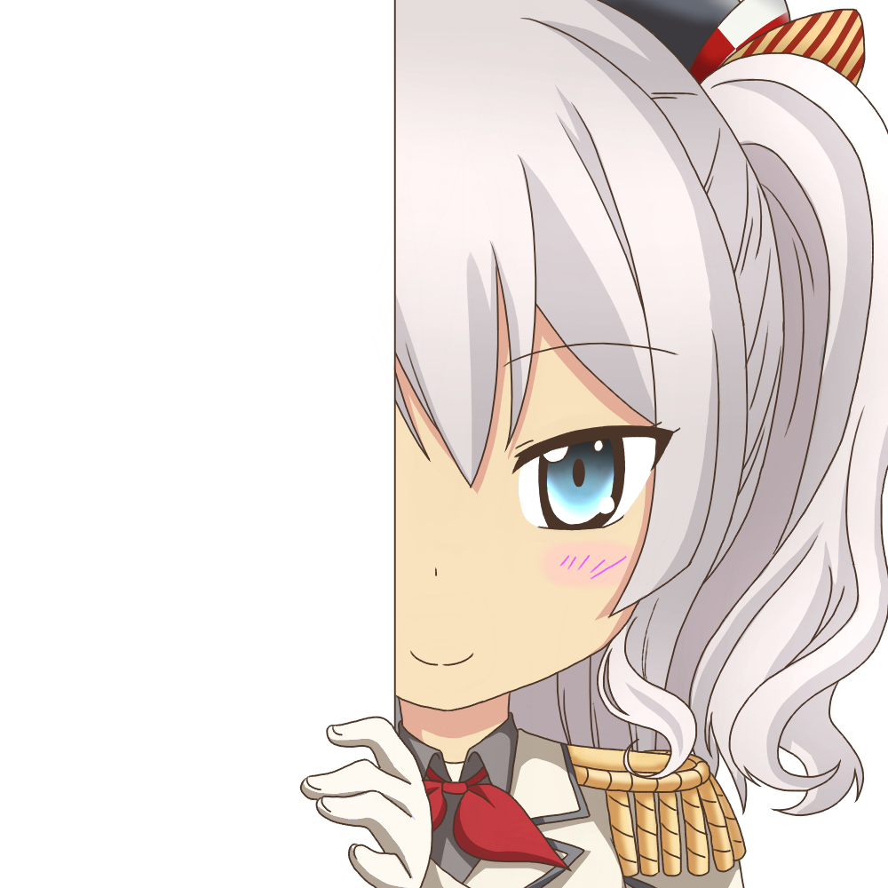1girl blue_eyes epaulettes gloves hair_ornament hat kantai_collection kashima_(kantai_collection) long_hair looking_at_viewer military military_uniform nagineko peeking_out ribbon silver_hair smile solo transparent_background twintails uniform white_gloves