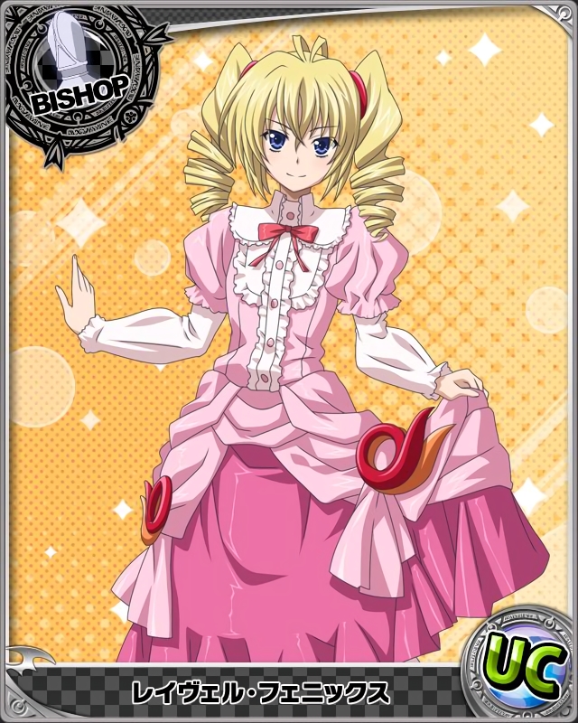 1girl bishop_(chess) blonde_hair blue_eyes card_(medium) character_name chess_piece dress drill_hair hair_ornament high_school_dxd long_hair looking_at_viewer pink_dress ravel_phenex smile solo