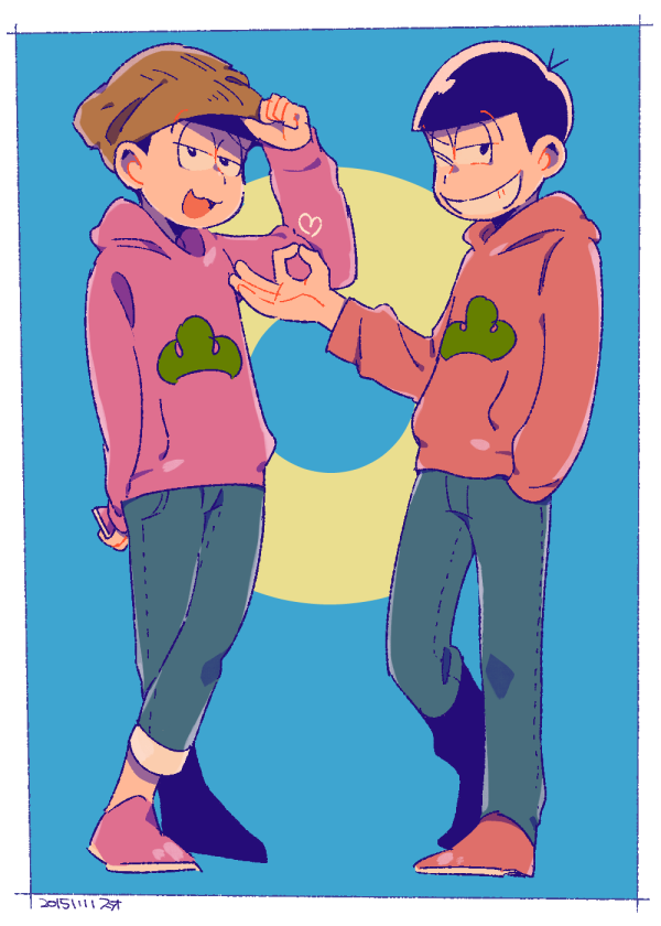 2boys adjusting_clothes adjusting_hat arm_behind_back beanie black_hair blue_background bowl_cut brothers circle crossed_legs dated denim hand_in_pocket hat heart hoodie jeans male_focus money_gesture multiple_boys one_eye_closed osomatsu-kun osomatsu-san osomatsu_(osomatsu-kun) pants siblings simple_background smirk sumio_(smosmo) todomatsu