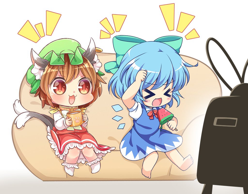 &gt;_&lt; 2girls :3 animal_ears barefoot blue_hair bow brown_eyes brown_hair cat_ears cat_tail chen cirno closed_eyes commentary_request couch cup fang green_hat hair_bow hat ibarashiro_natou jewelry long_sleeves mob_cap mug multiple_girls multiple_tails nekomata open_mouth pila-pela short_hair short_sleeves single_earring sitting tail television touhou two_tails watching_television white_legwear