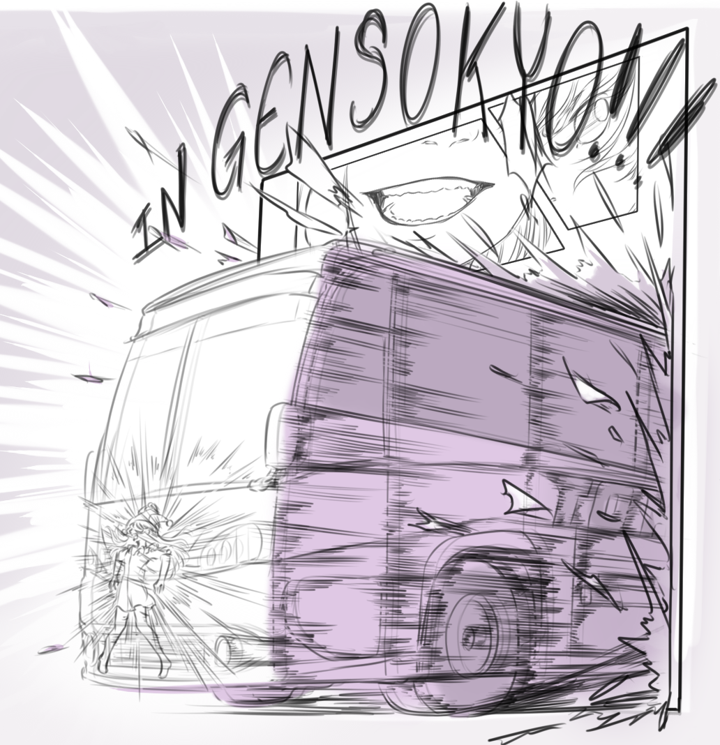 2girls american_flag_shirt bus cirno clownpiece comic commentary dress english fourth_wall hat jester_cap long_hair mefomefo meme monochrome motion_blur motion_lines motor_vehicle multiple_girls out_of_frame reverse_translation short_hair short_sleeves too_literal touhou vehicle wheel