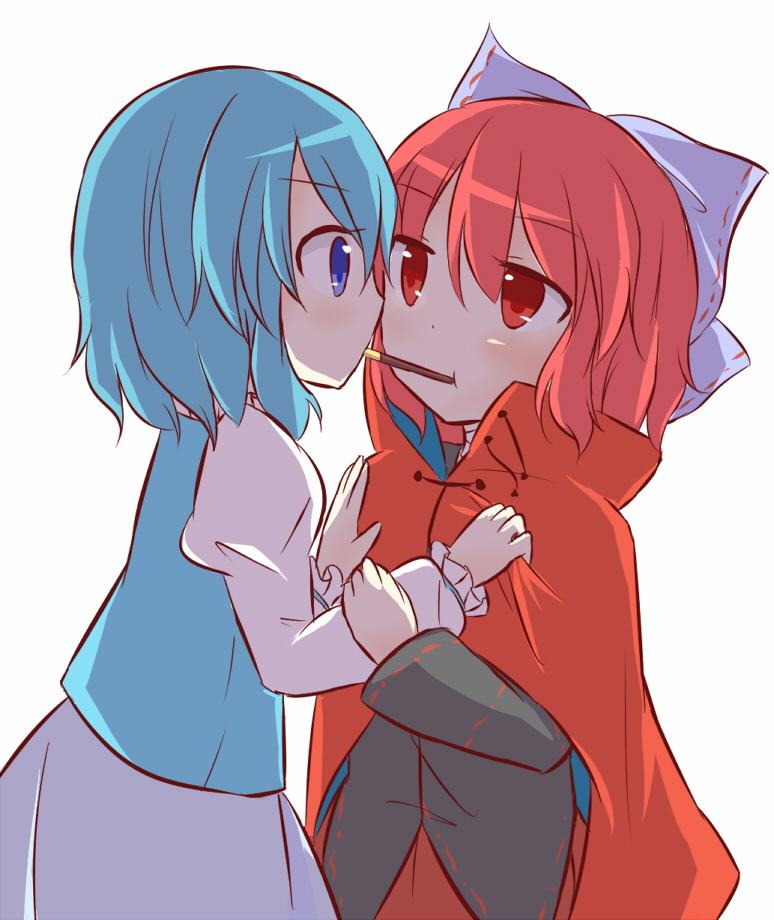 2girls bandaged_neck blue_eyes blue_hair blush bow cape eye_contact hair_bow hands_on_another's_chest high_collar incipient_kiss jitome juliet_sleeves large_bow long_sleeves looking_at_another multiple_girls pocky pocky_day pocky_kiss puchimirin puffy_sleeves red_eyes redhead sekibanki shared_food short_hair skirt tatara_kogasa touhou tunic yuri
