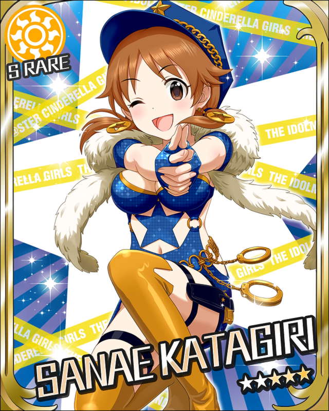 1girl alternate_costume artist_request brown_eyes brown_hair card_(medium) character_name cuffs earrings feather_boa fingerless_gloves gloves handcuffs hat idolmaster idolmaster_cinderella_girls jewelry katagiri_sanae official_art one_eye_closed peaked_cap sparkle sun_(symbol) thigh-highs twintails