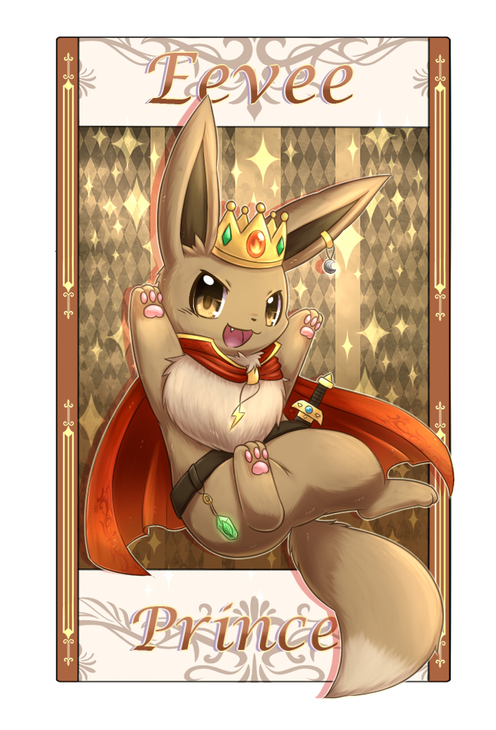 argyle argyle_background brown_eyes cape character_name crown earring eevee fang ivan_(ffxazq) open_mouth pokemon pokemon_(creature) smile solo sword weapon